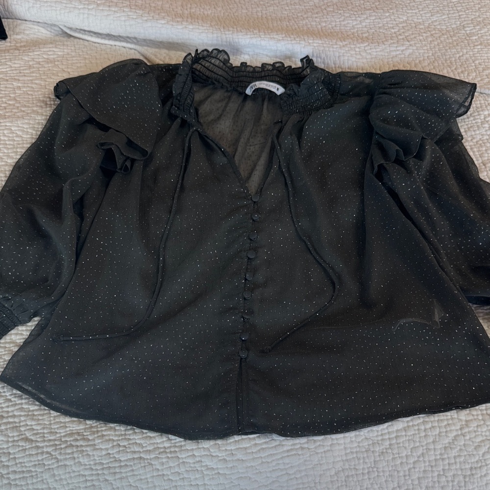 Zara Gray Sheer Blouse with Ruffle Accents